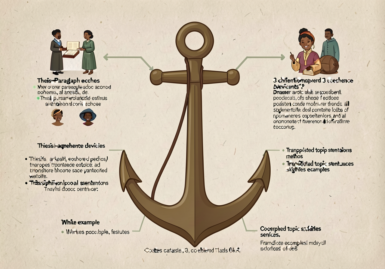 Anchor with 3 coherence devices (thesis-paragraph echoes / signposted argumentation / transitional topic sentences) and 