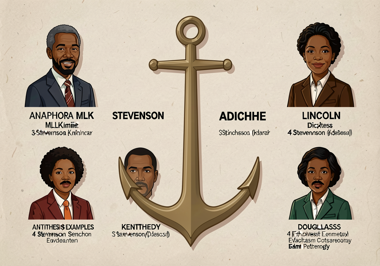 Anchor with 4 anaphora examples (MLK; Stevenson; Adichie; Lincoln) and 4 antithesis examples (Kennedy; Dickens; Stevenso