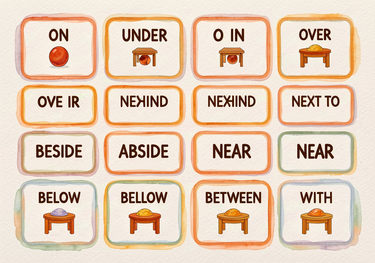 Set of 12 preposition cards laid out in a 3x4 grid: ON, UNDER, IN, OVER, NEXT TO, BEHIND, BESIDE, NEAR, ABOVE, BELOW, BE