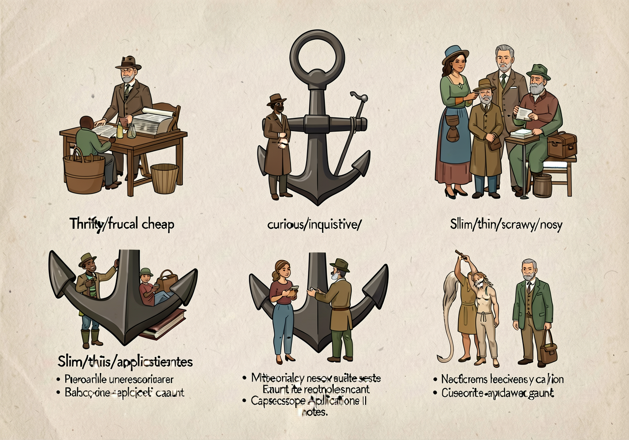MG-7 anchor with 3 example sets (thrifty/frugal/cheap; curious/inquisitive/nosy; slim/thin/scrawny/gaunt) and capstone-a