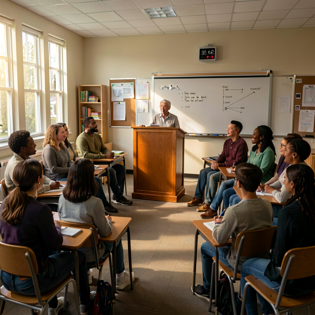 Photo of classroom configured as Capstone Speech event: presenter podium at front with visual-aid mounting; audience sea