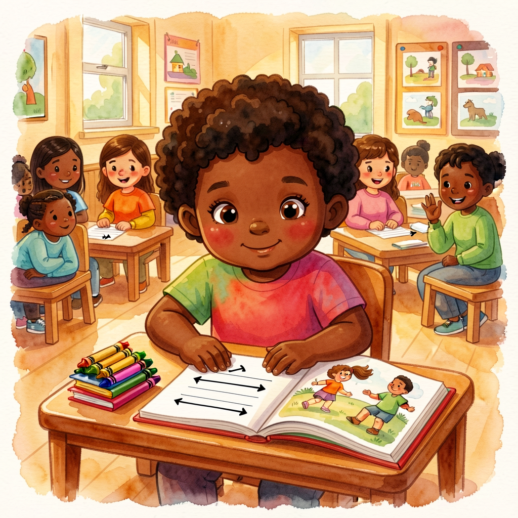 Unit-opener: a child at a low table with a stack of crayons, a piece of three-line paper, and an open picture book — the