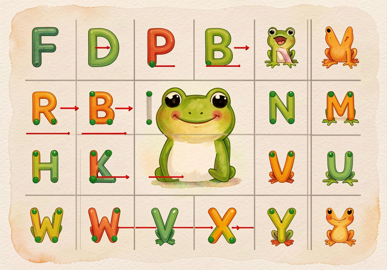 Frog-jump capitals reference chart — large grid showing F, E, D, P, B, R, N, M, H, K, L, U, V, W, X, Y, Z each with gree