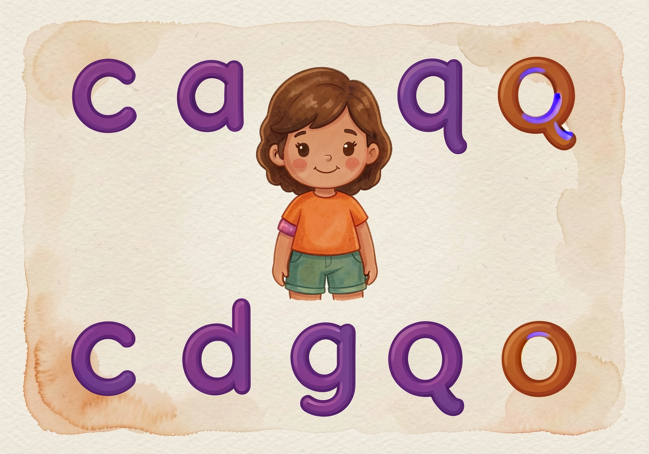 Magic-c family lowercase reference chart — c, a, d, g, q, o each shown with the same starting curve highlighted in purpl