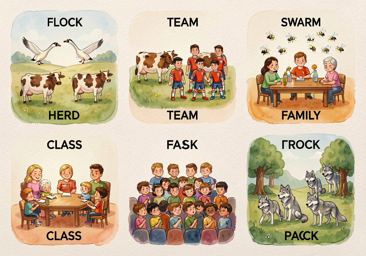 Eight-panel illustrated chart of collective nouns: panel labels FLOCK (geese in V-formation), HERD (cows in a field), TE