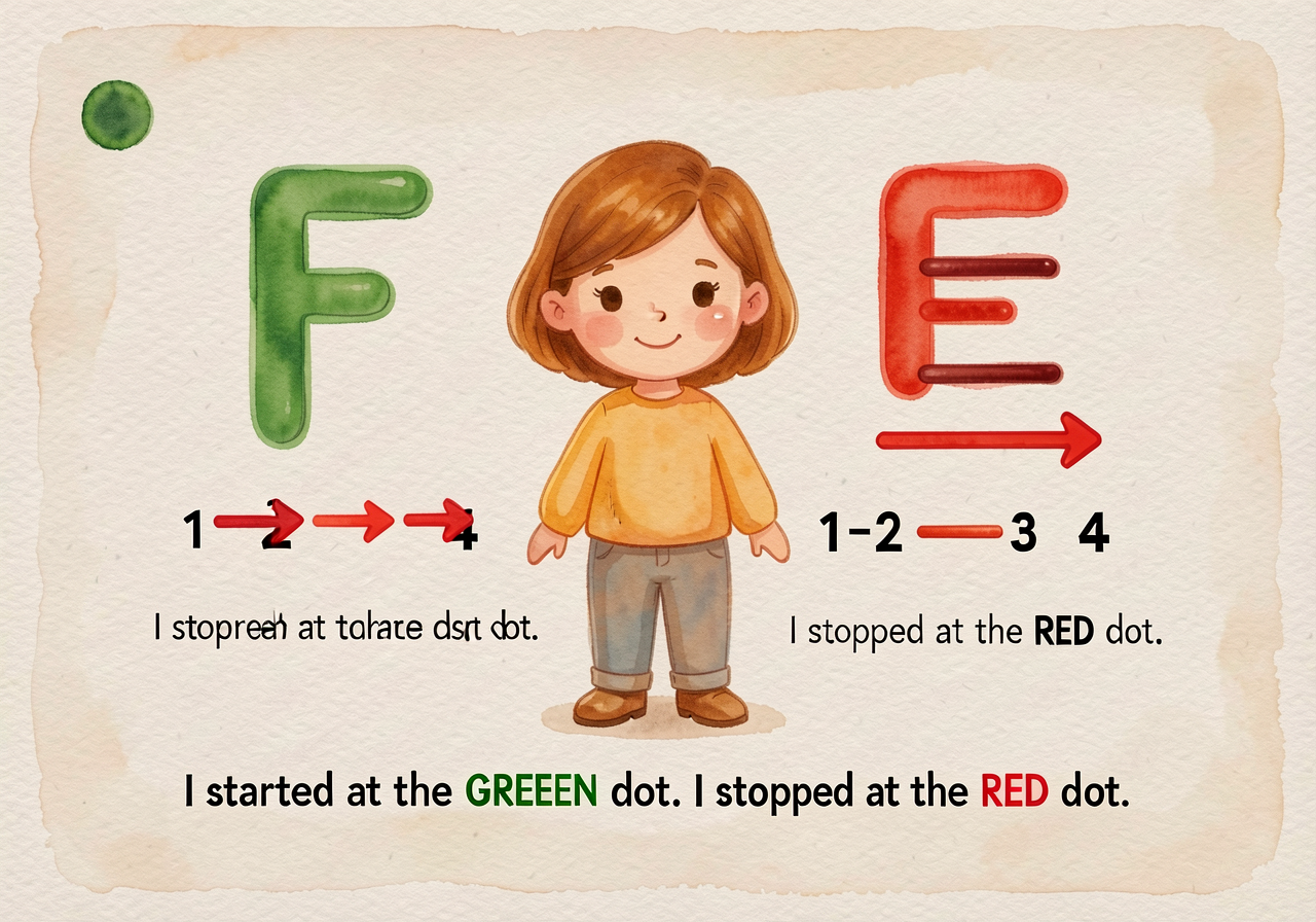 Two-letter reference card (5x7 in.) for desk use. F on left: green starting dot at top-left, red arrows showing the four