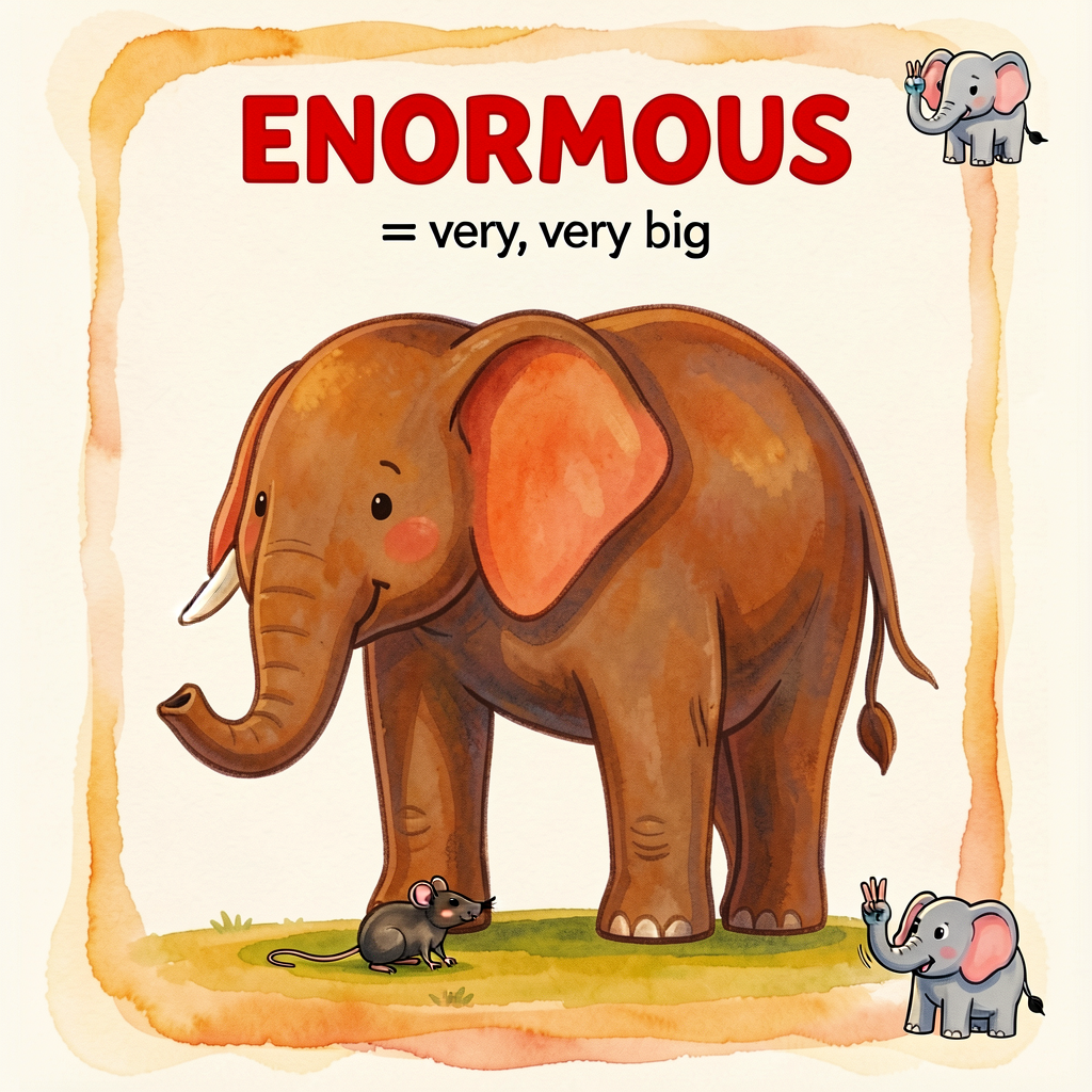 Anchor card 'ENORMOUS = very, very big'. Composition: bottom third shows a tiny mouse silhouette; top two-thirds shows a