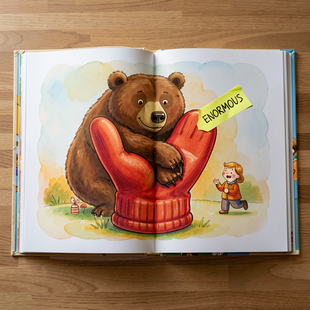 Photo of the open spread of Jan Brett's 'The Mitten' showing the page where the enormous bear stuffs into the mitten. St