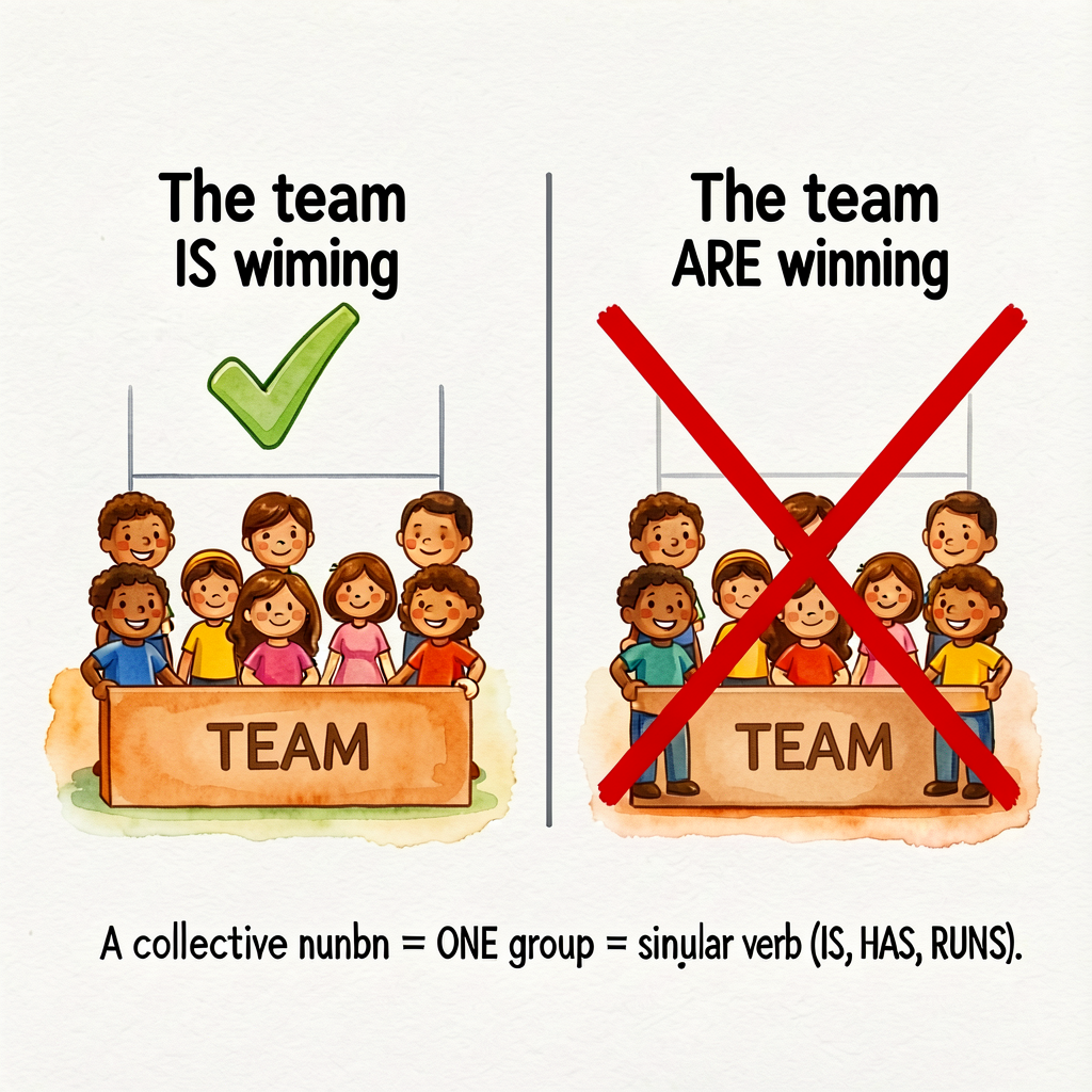 Two-panel diagram. LEFT: 'The team IS winning' with a green checkmark and 7 stick-figure team members under one box labe