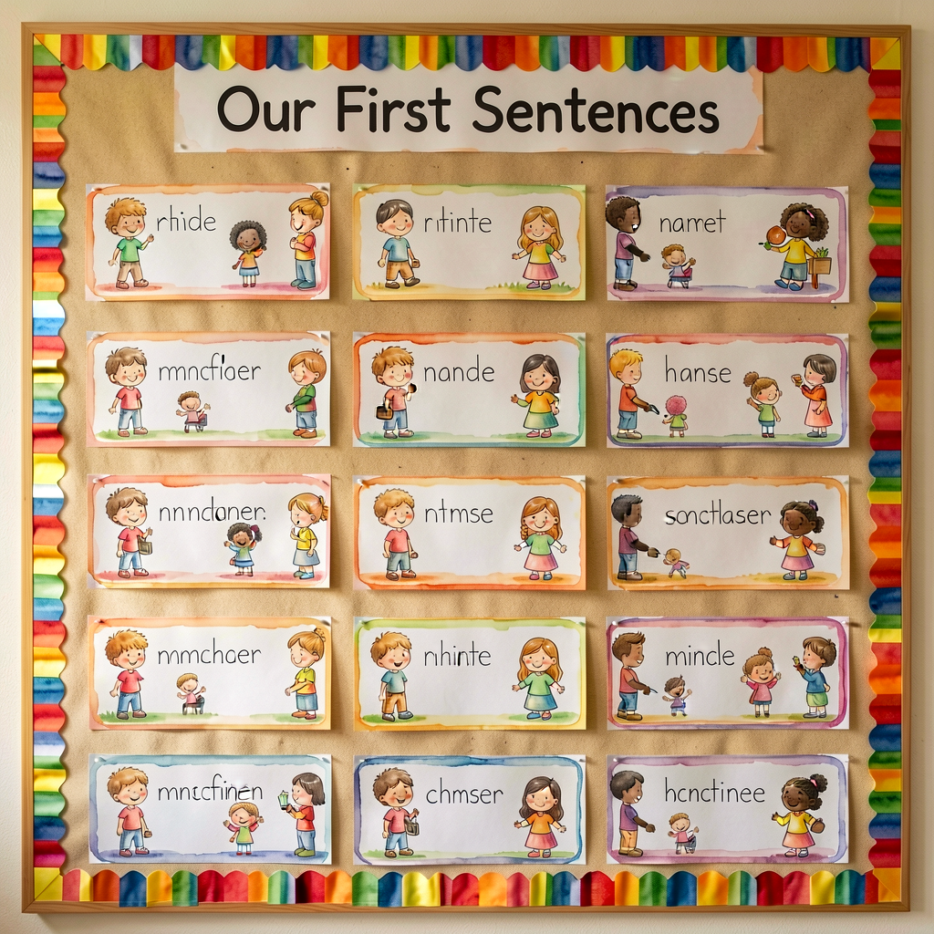 Photo of a classroom 'Our First Sentences' bulletin board. 20 sentence strips arranged in a 5x4 grid; each has a child's
