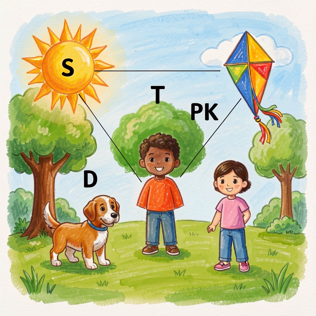 A child's drawing of a sunny park scene with five labels using initial letters: a sun (S), a tree (T), a dog (D), a pers