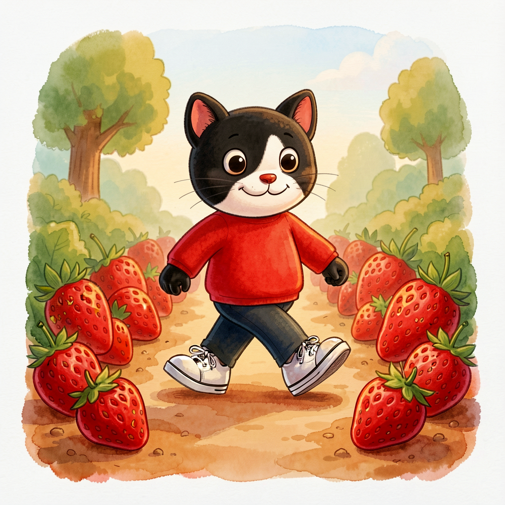 Photo of the page in Eric Litwin's 'Pete the Cat: I Love My White Shoes' that depicts Pete walking through strawberries.