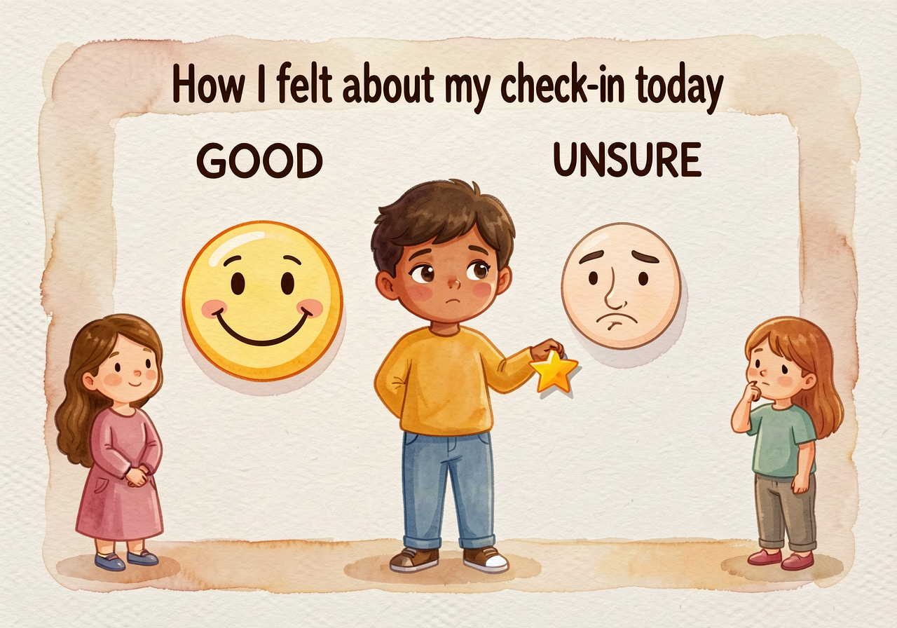 Wall chart titled 'How I felt about my check-in today' with two columns: smiley-face 'GOOD' and thoughtful-face 'UNSURE'