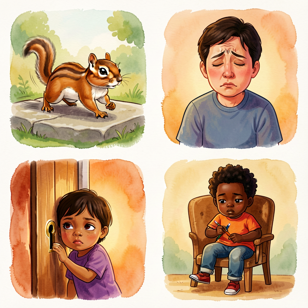 Quad photograph: panel 1 — chipmunk mid-scamper across stone (motion blur on feet); panel 2 — adult sighing, shoulders d