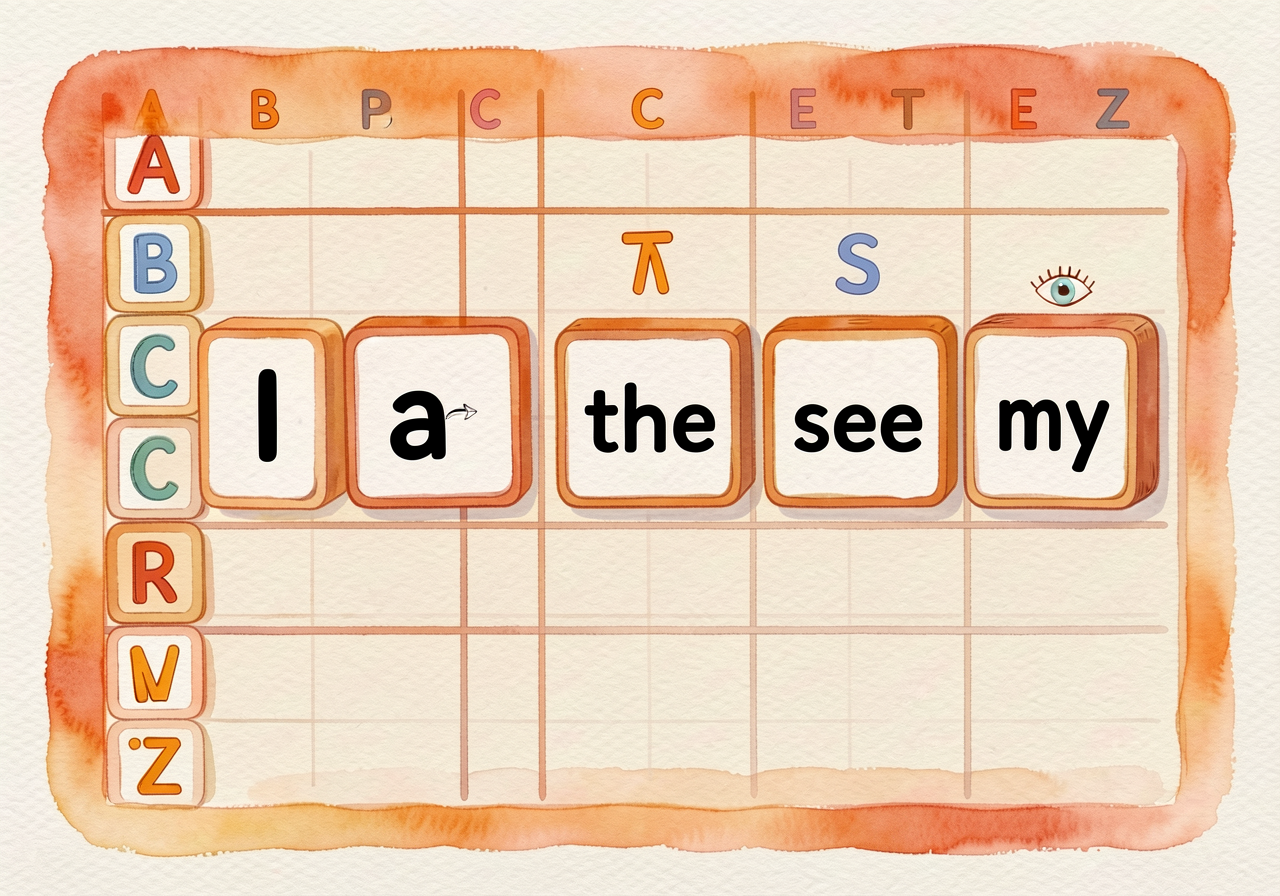 Photo of an empty word wall organized by letter (A, B, C, ..., Z columns). Five cards placed: 'I' under I, 'a' under A, 