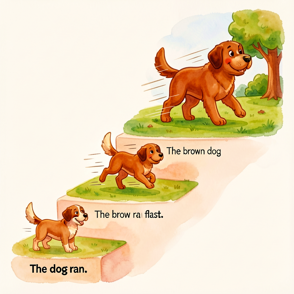 Stair-step visual: three steps. Step 1 (bottom): 'The dog ran.' (with a small dog illustration). Step 2 (middle): 'The b