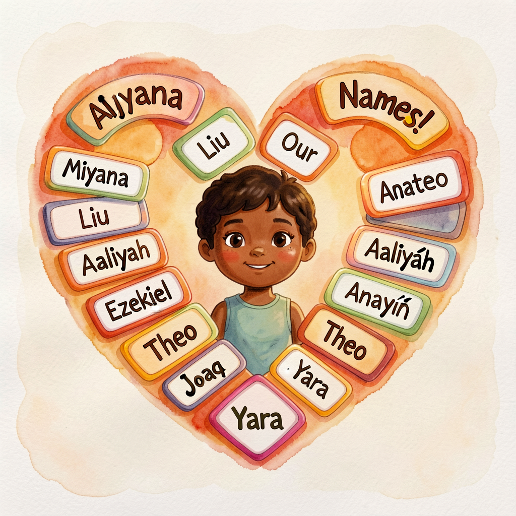 Photo of a class display 'Our Names!' — 20 name strips arranged in a heart shape. Each name starts with a clearly-formed