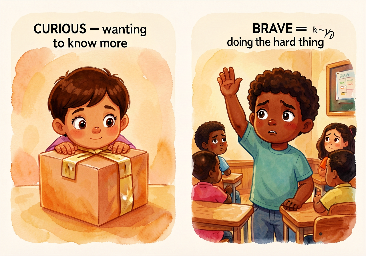 Two-panel anchor card. Left panel: 'CURIOUS = wanting to know more' with an illustration of a child peeking inside a wra