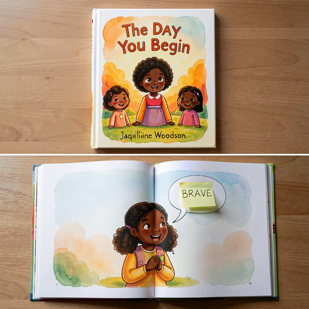Composite photo: top half — book cover of 'The Day You Begin' by Jacqueline Woodson, illustrations by Rafael López. Bott