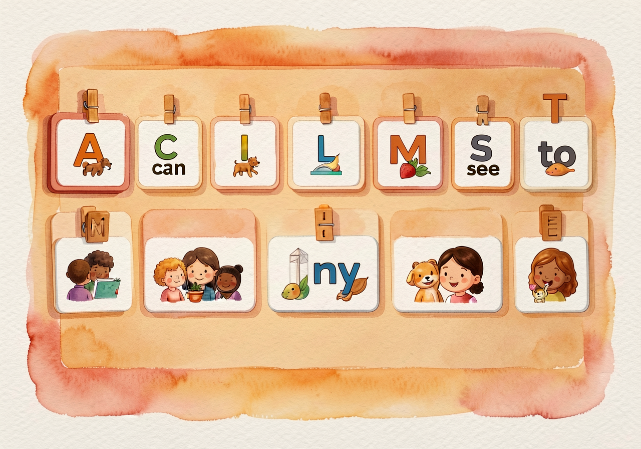 Photo of the word wall now with 10 cards placed under appropriate letters. Visible columns: A (a, and), C (can), I (I, i