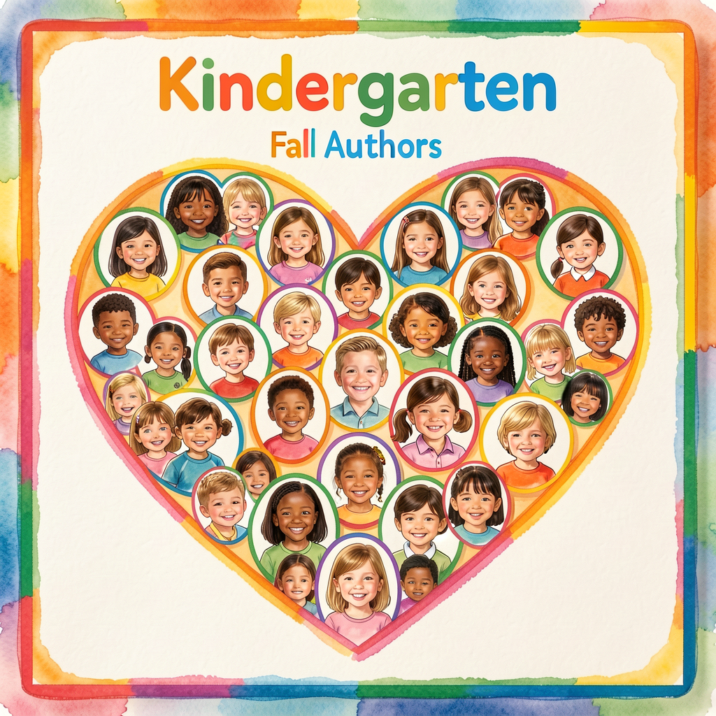 Photo of a class anthology cover: title 'Kindergarten Fall Authors' in 36-pt cheerful sans-serif. 20 small portrait phot