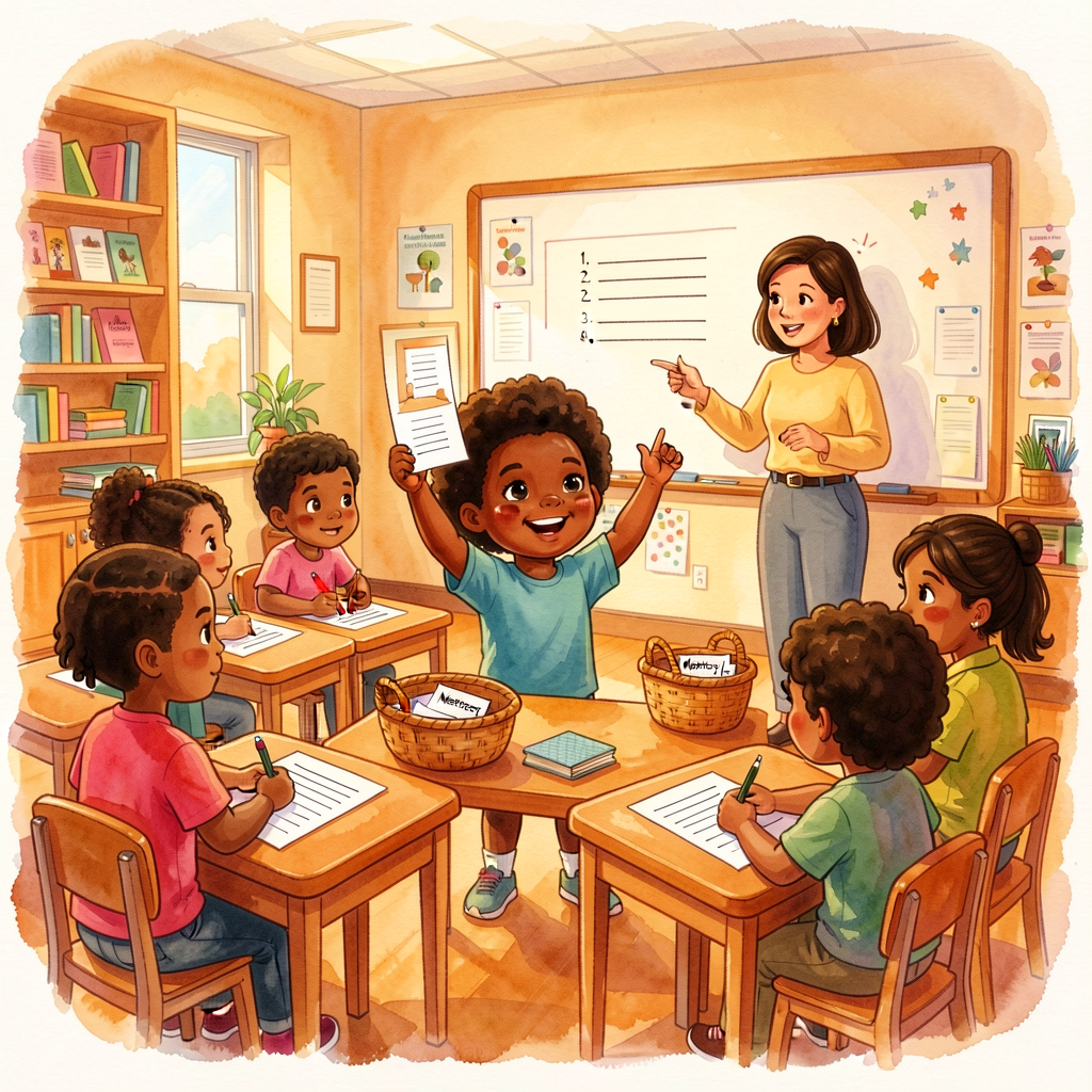 Unit-opener: a writers' workshop classroom scene — children at writing tables with three-line paper, a mentor-text baske