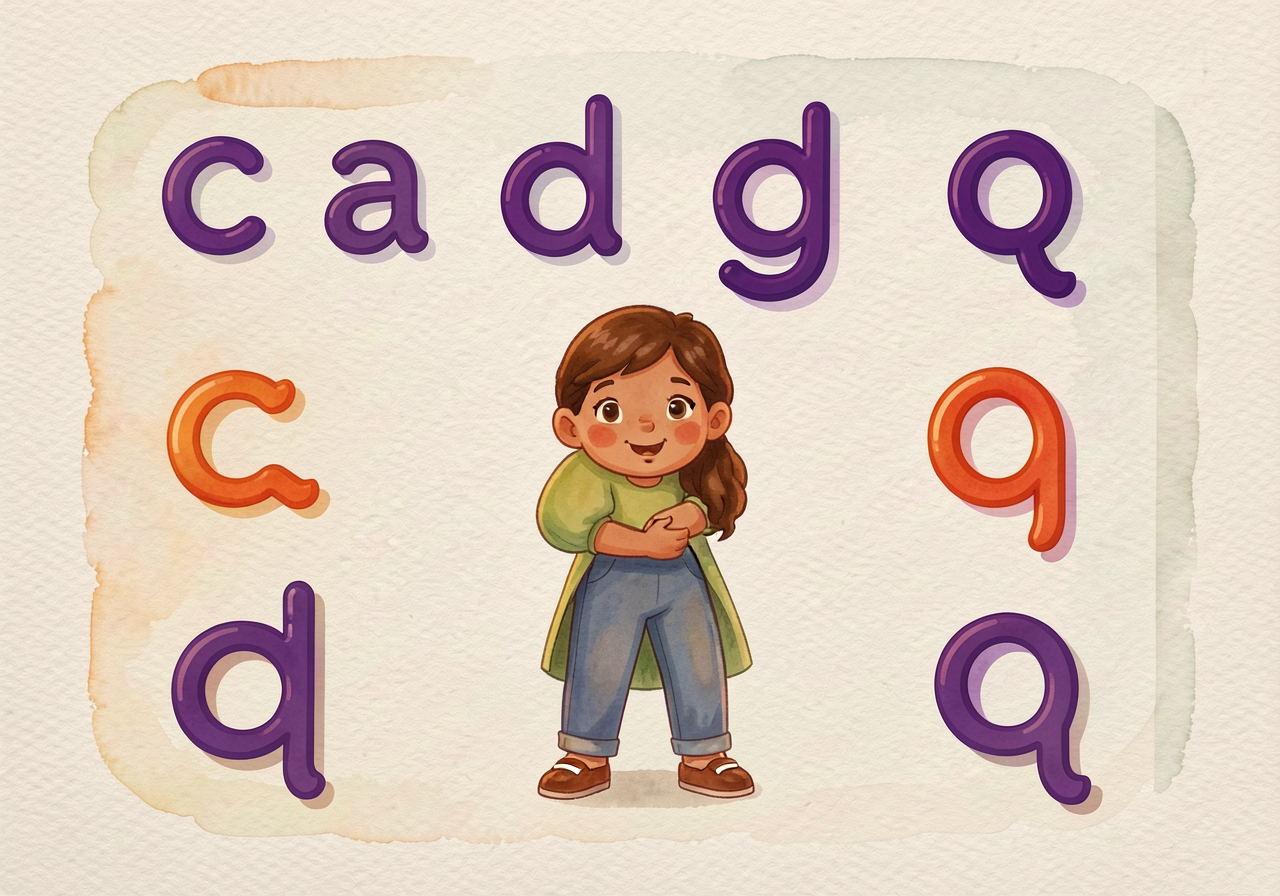 Magic-c lowercase family reference: c, a, d, g, o, q on one chart, each showing the shared purple starting curve.