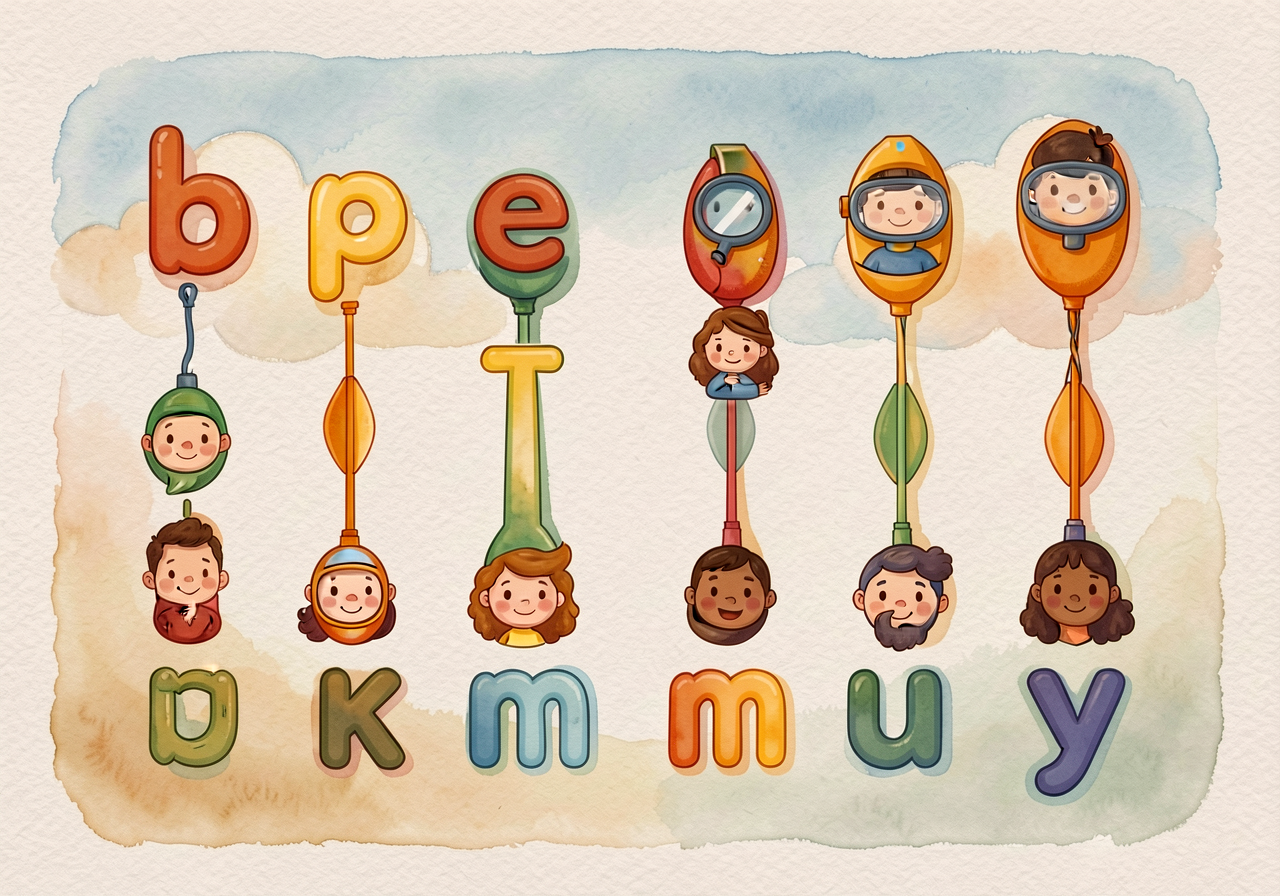 Diver-letter family reference: b, p, e, h, t, l, i, j, k, n, m, r, u, y on one chart, each starting with a 'diver' down-