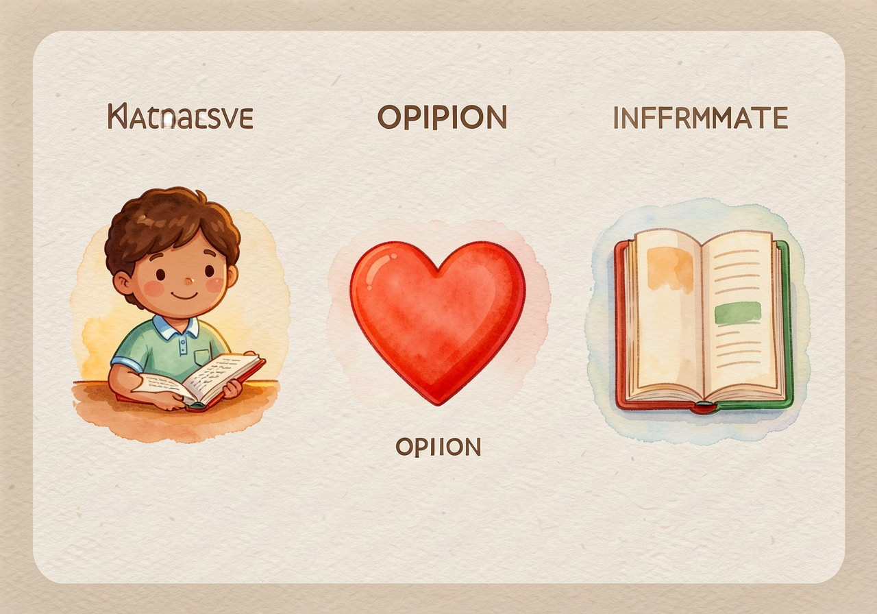 Three Kinds of Writing anchor: narrative (story icon), opinion (heart icon), informative (book icon) with one example ea