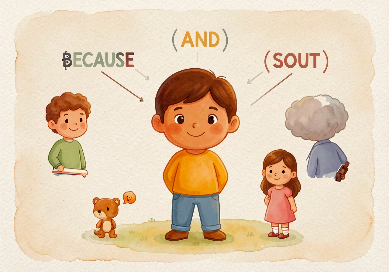 Joining words: AND (joins two ideas), BECAUSE (gives a reason), BUT (shows a difference), SO (shows what happened next).
