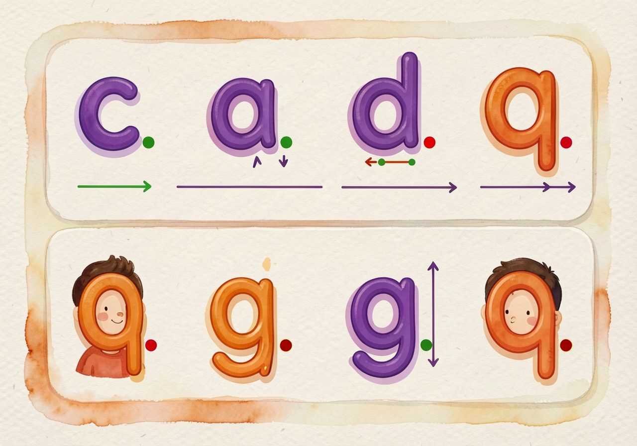 Letter-card chart for the desk: lowercase c, a, o, d, g, q each in 2-inch height with green-dot start, red-dot stop, and