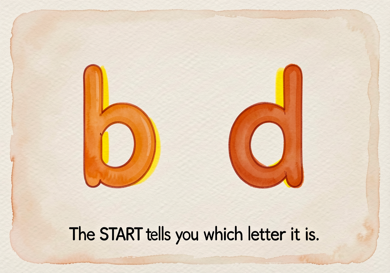 Side-by-side b/d anchor card. Left: 'b — straight line first, then ball on the right'. Right: 'd — magic-c first, then t