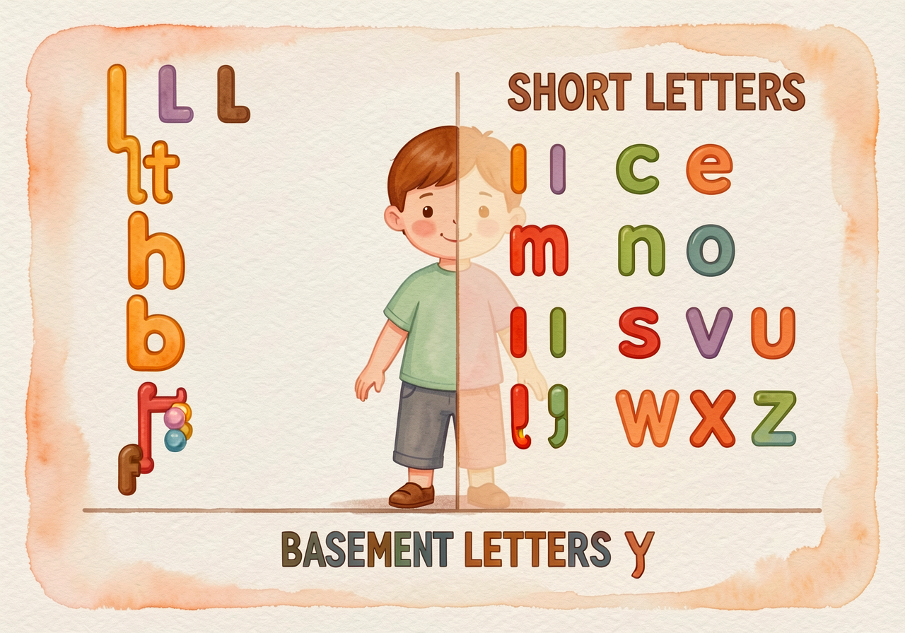 Reference chart with two columns. Left: TALL LETTERS — l, t, k, h, b, d, f (touch the sky-line). Right: SHORT LETTERS — 