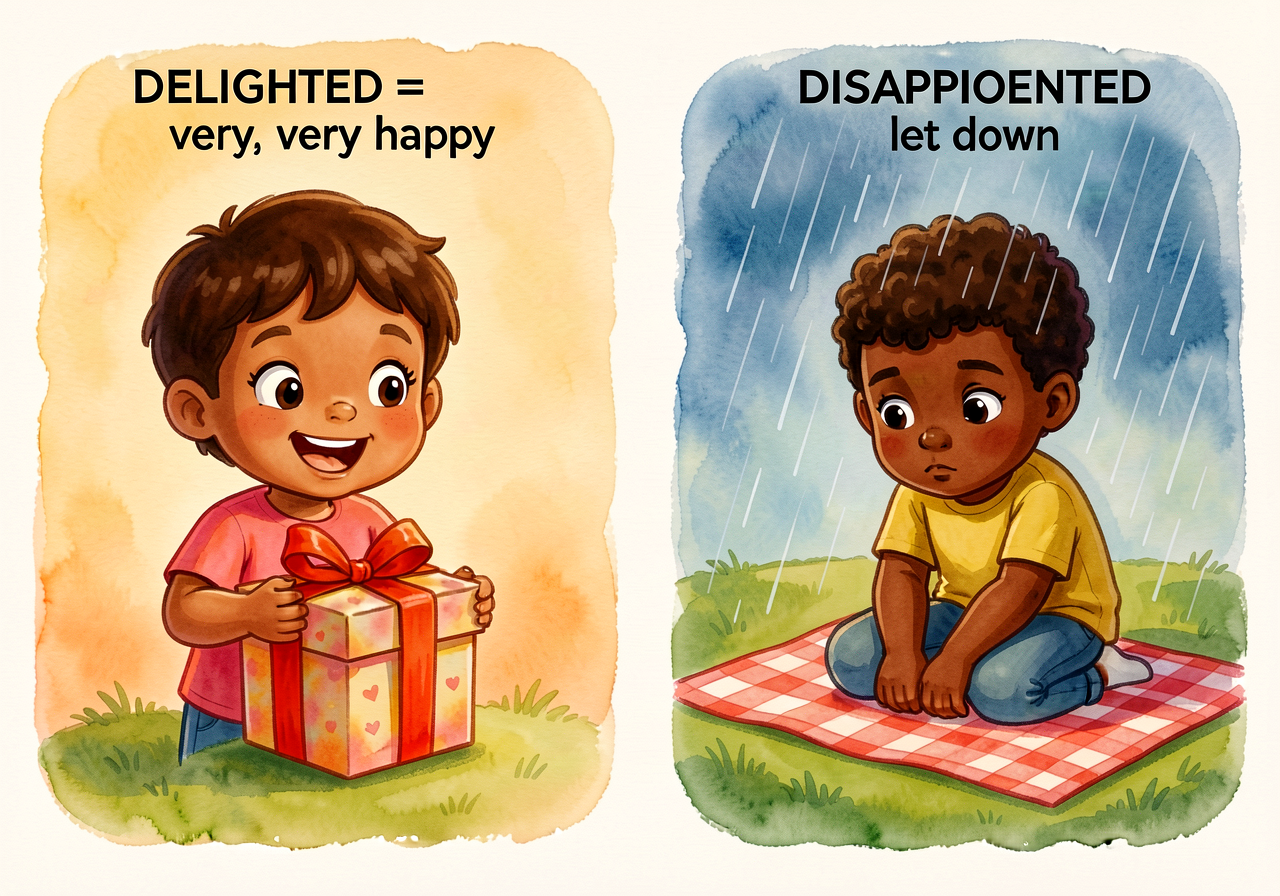 Two-panel anchor card. Left: 'DELIGHTED = very, very happy' with illustration of a child opening a wrapped gift, beaming
