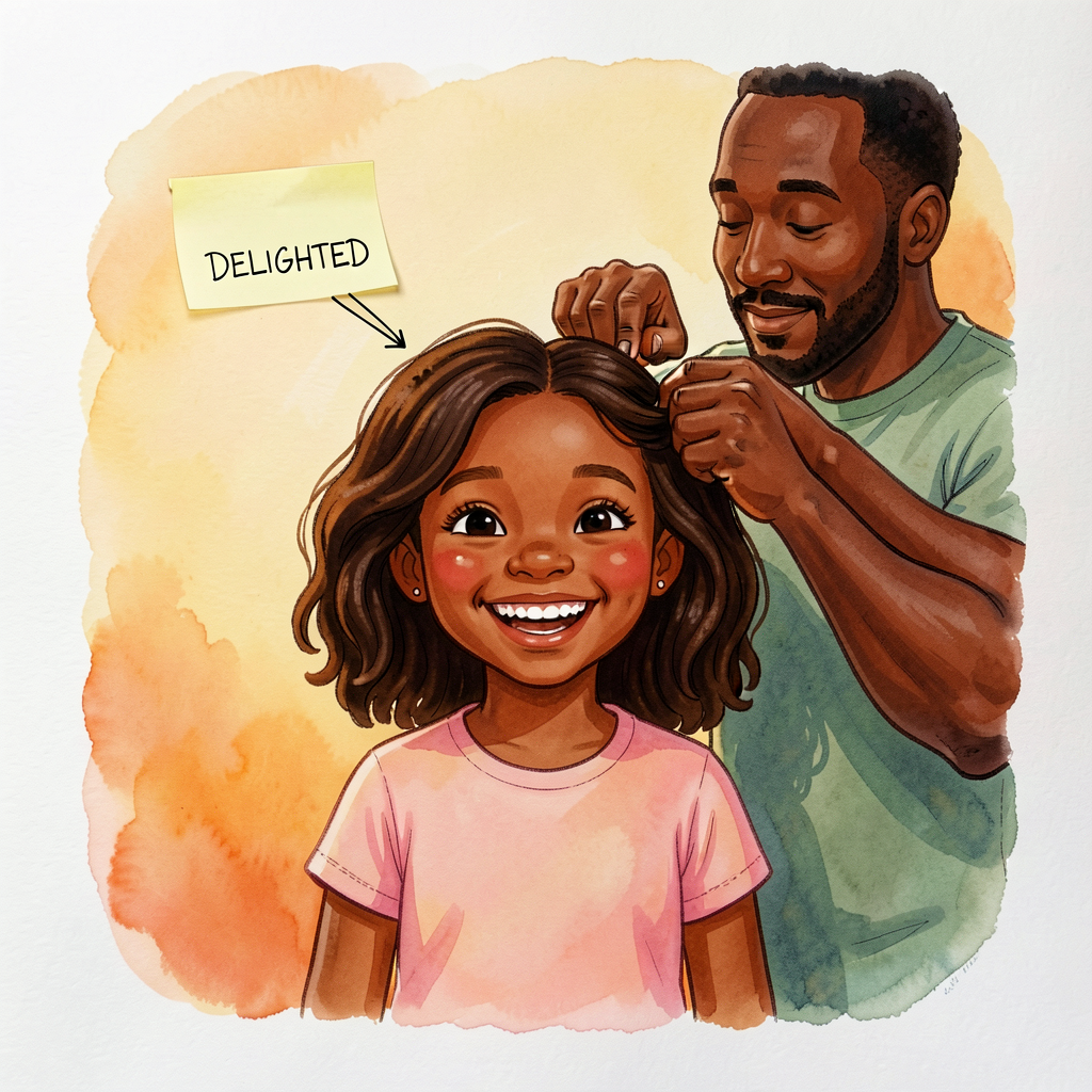 Photo of the final spread of 'Hair Love' by Matthew A. Cherry / Vashti Harrison — the girl beaming as her dad finishes s