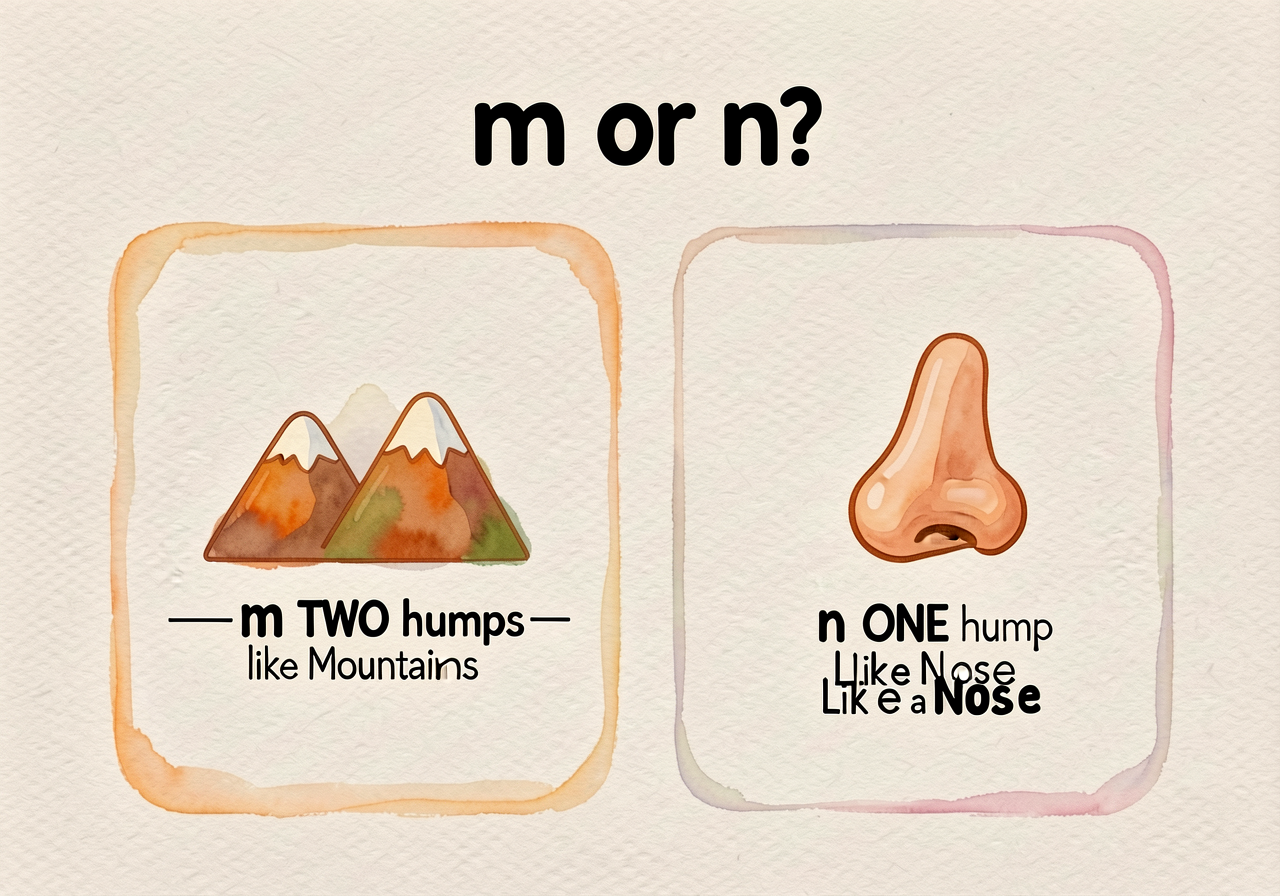 Side-by-side chart 'm or n?'. Left: 'm — TWO humps — like Mountains' with two-peak mountain icon. Right: 'n — ONE hump —