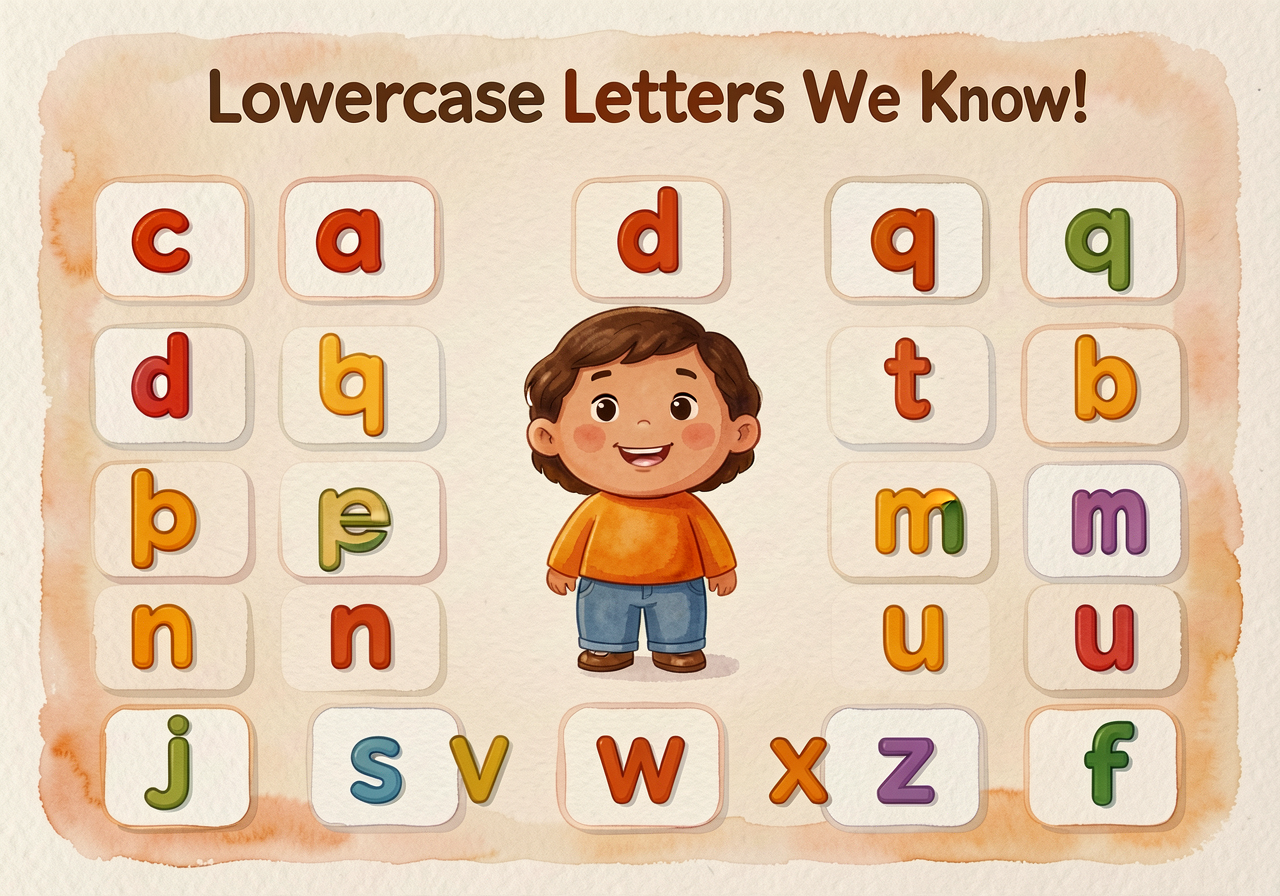Wall chart 'Lowercase Letters We Know!' Cells for each lowercase letter taught so far (c, a, o, d, g, q, l, i, t, b, p, 