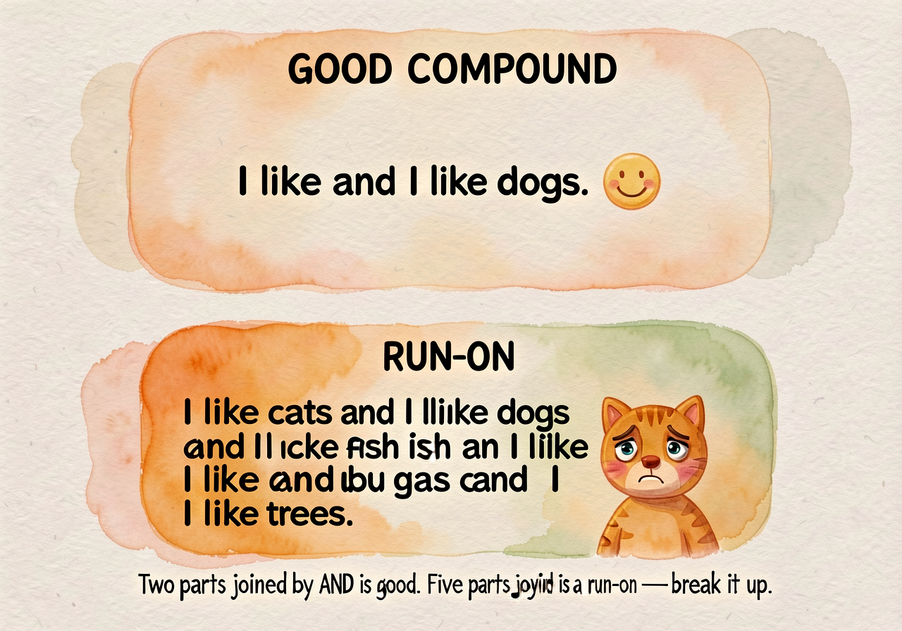 Two-panel chart. Top panel labeled 'GOOD COMPOUND': 'I like cats and I like dogs.' (smiley). Bottom panel labeled 'RUN-O