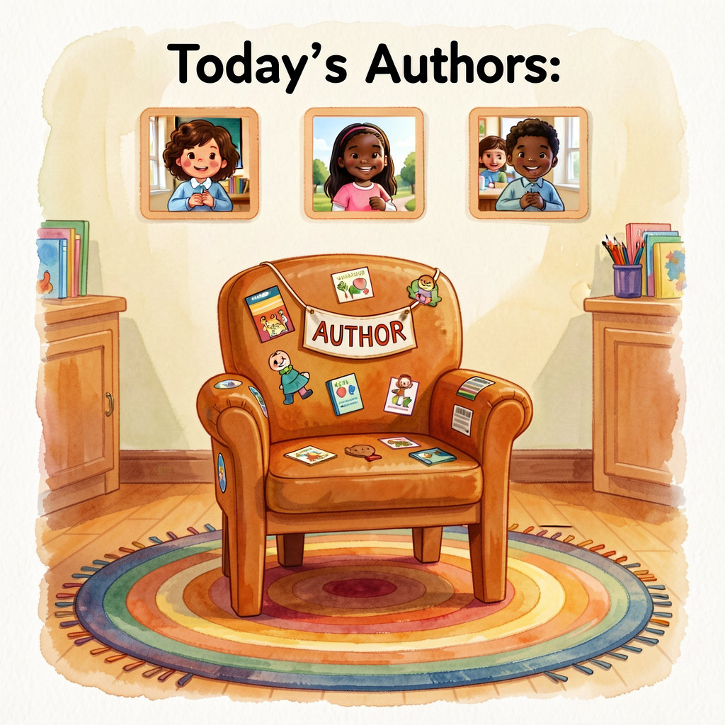 Photo of a classroom 'author's chair' setup: a special chair (decorated with stickers or a small banner reading 'AUTHOR'