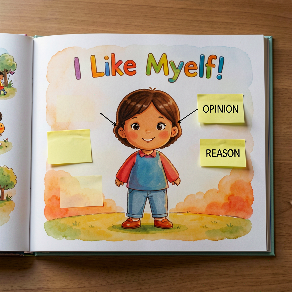 Photo of an open spread of 'I Like Myself!' by Karen Beaumont. The 'I like myself!' refrain and 'because' construction a