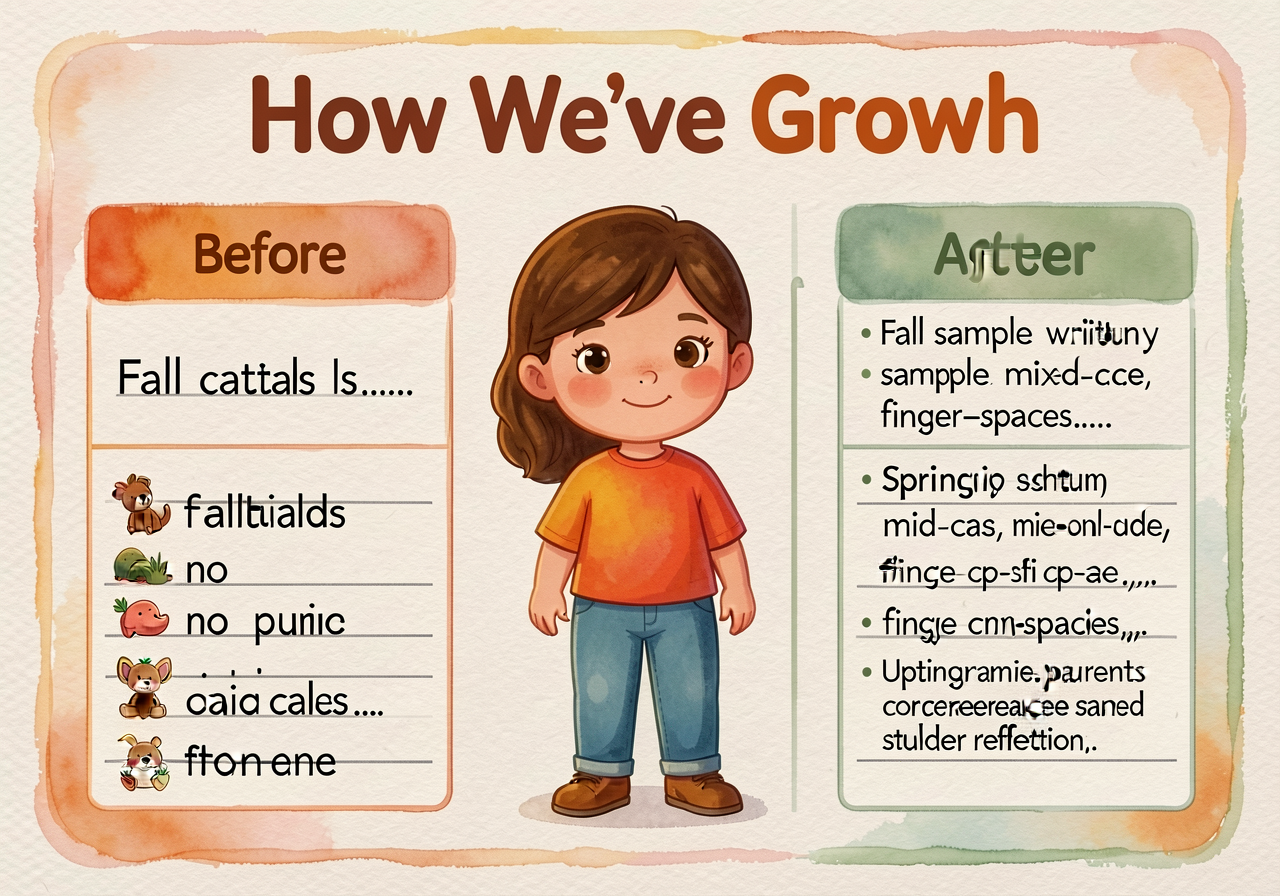 Bulletin display 'How We've Grown'. Each child has a before/after column: Fall sample writing (often capitals only, no s