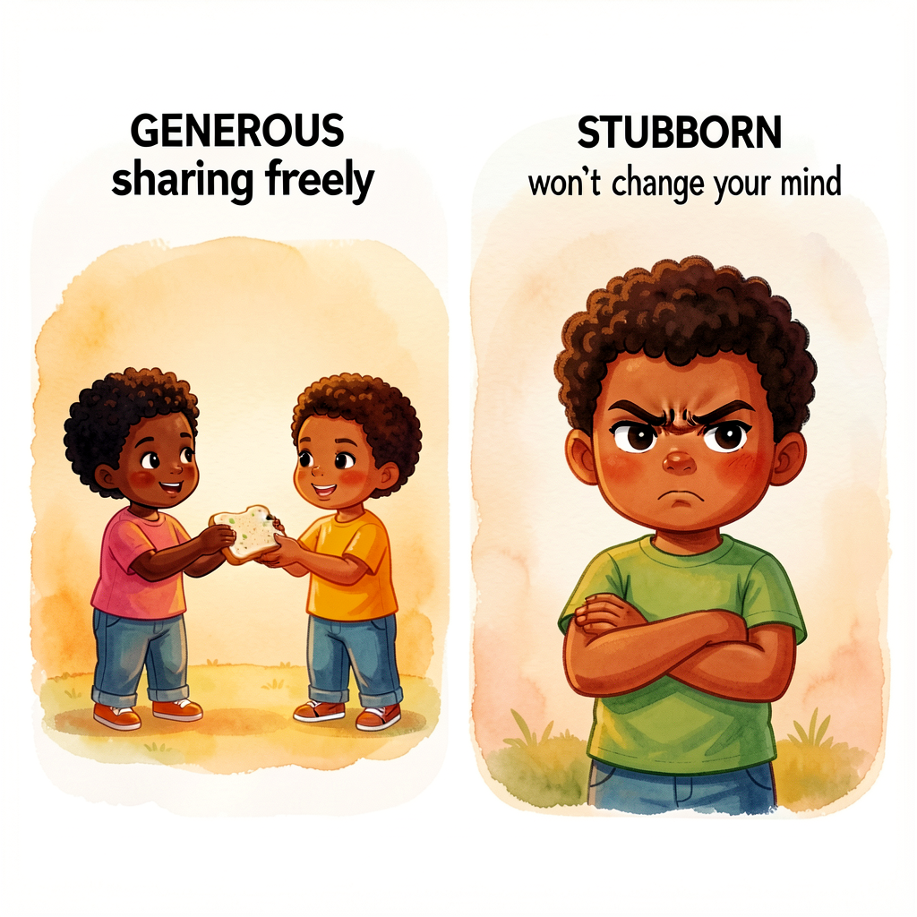 Two-panel anchor card. Left: 'GENEROUS = sharing freely' with illustration of two diverse children, one offering half a 