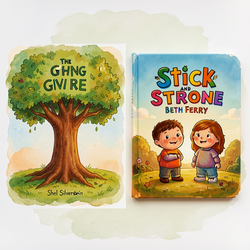 Composite photo. Left: cover of 'The Giving Tree' by Shel Silverstein with the tree highlighted. Right: cover of 'Stick 