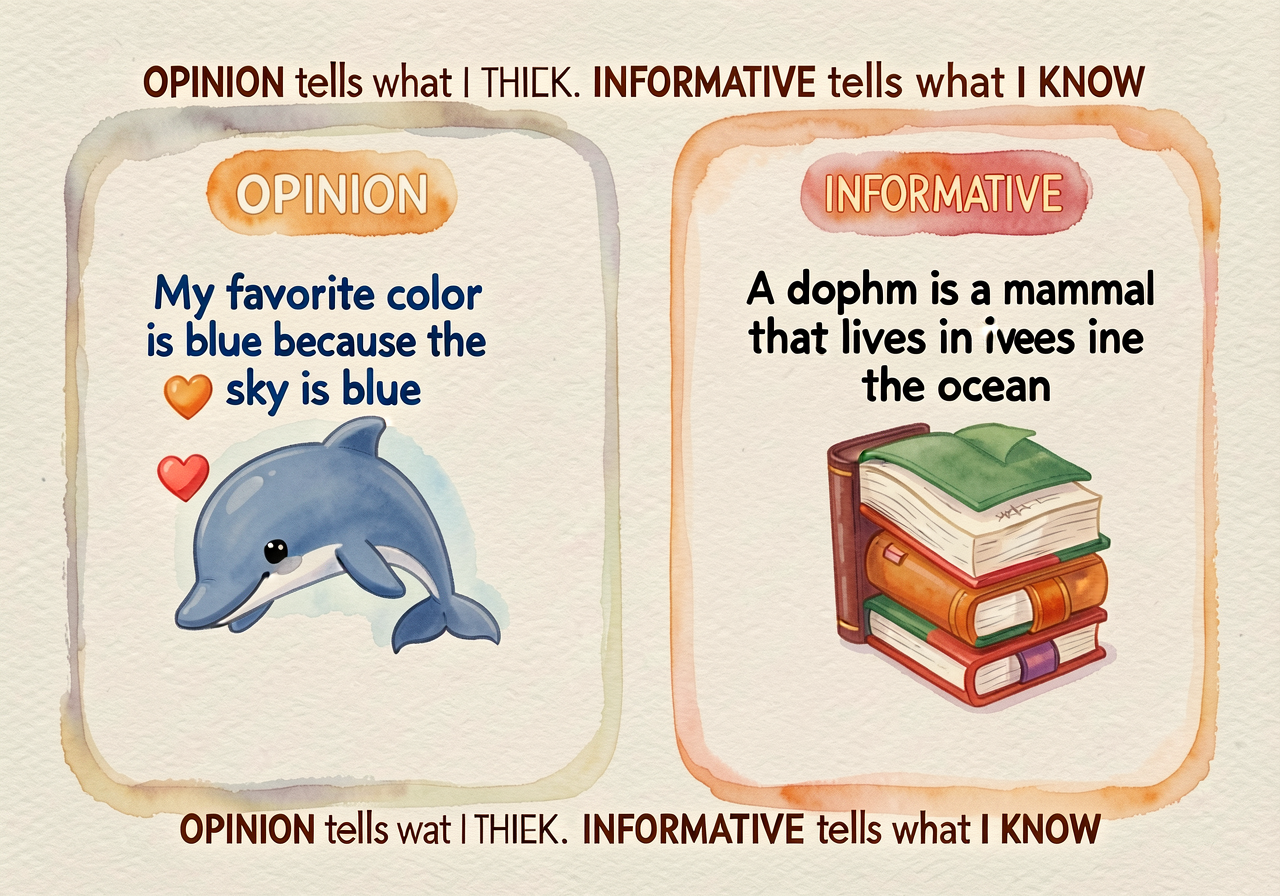Two-column chart. Left OPINION: 'My favorite color is blue because the sky is blue' (heart icon). Right INFORMATIVE: 'A 