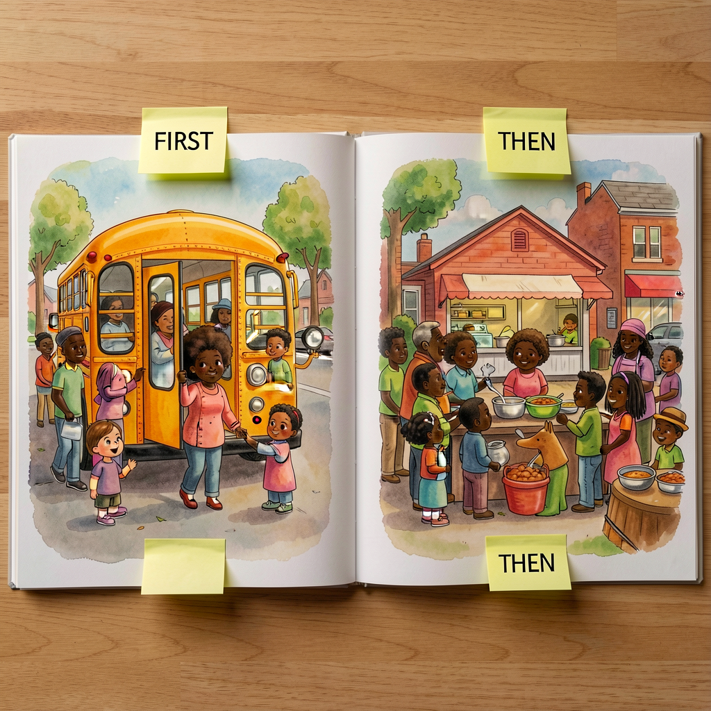 Photo of two spreads from 'Last Stop on Market Street' showing the FIRST event (boarding the bus) and the THEN event (ar