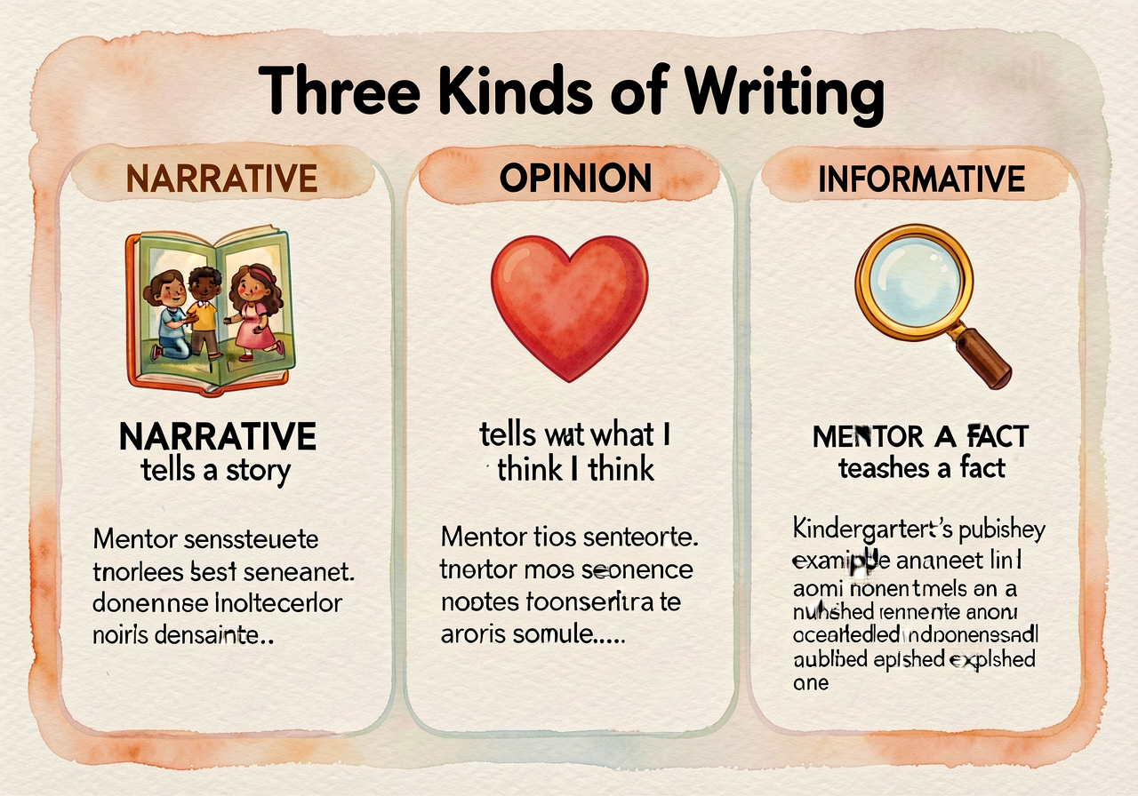 Three-column chart 'Three Kinds of Writing'. Column 1 NARRATIVE — 'tells a story' — icon of a book with characters. Colu