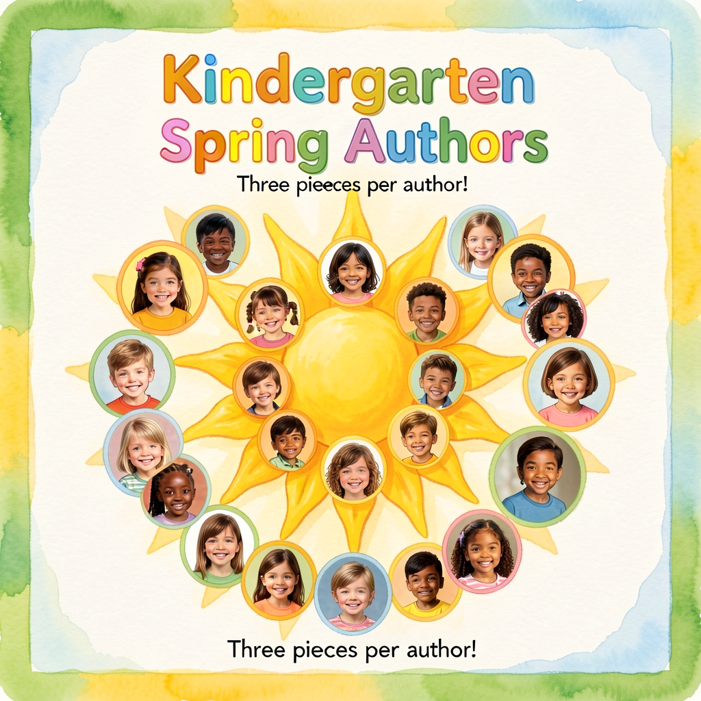 Photo of a class Spring anthology cover: title 'Kindergarten Spring Authors' in cheerful 36-pt font; 20 small portrait p