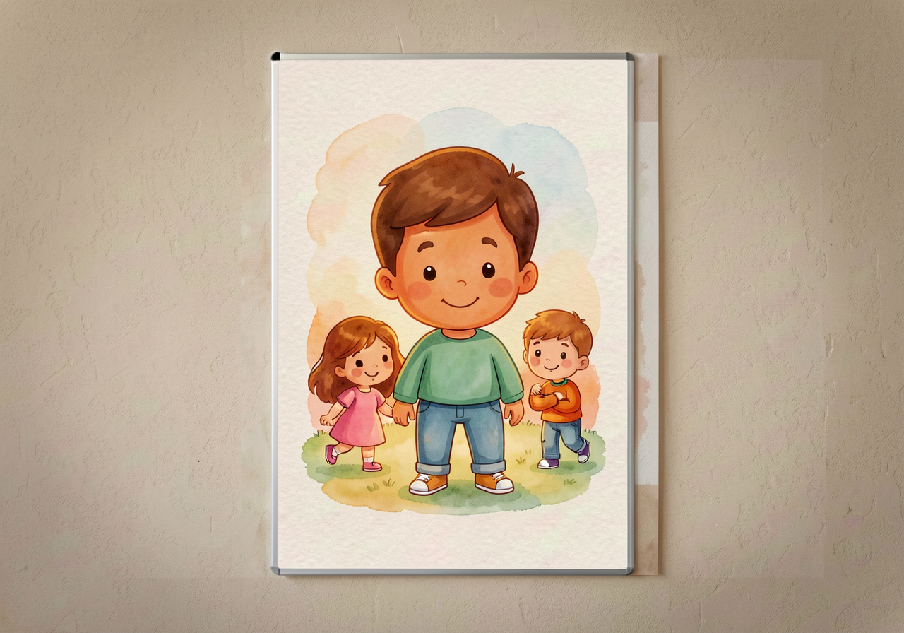 Mounted on classroom wall at child-eye-height (24-36 inches) with laminated surface for repeated dry-erase use.