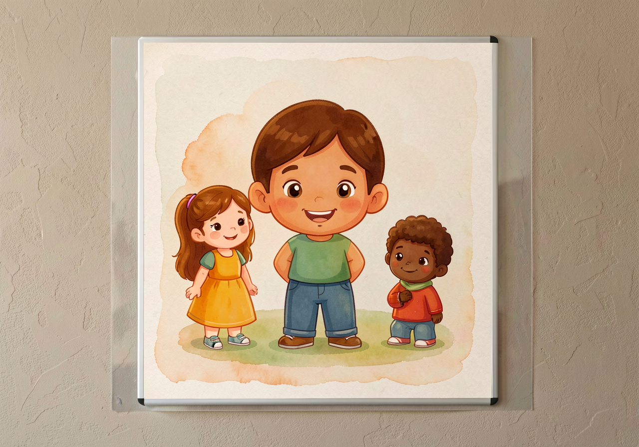  Mounted on classroom wall at child-eye-height (24-36 inches) with laminated surface for repeated dry-erase use.