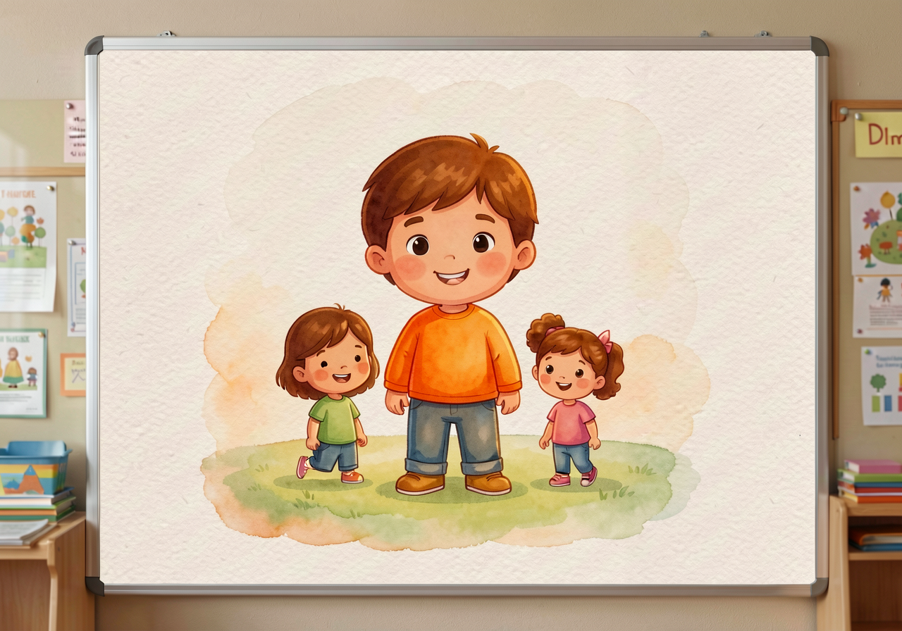  Mounted on classroom wall at child-eye-height (24-36 inches) with laminated surface for repeated dry-erase use.